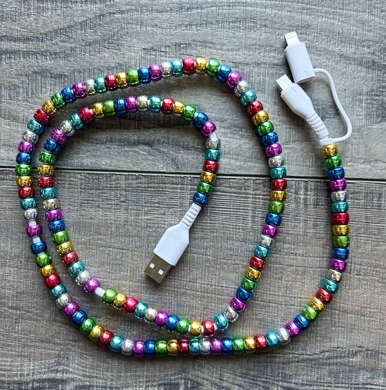 Rainbow Beaded Phone Charger with Lightning & USB-C Cable