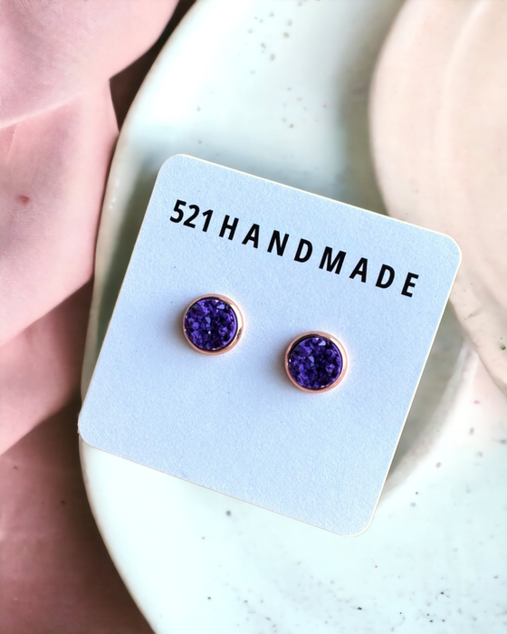 Dark Purple Matte Druzy Stud Earrings