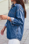 Western Patch Pockets Tunic Length Long Sleeve Denim Jacket