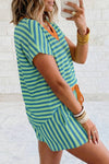 Stripe Short Sleeve V Neck Top Drawstring Waist Short Set