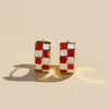 Red & White Checkered Enamel Huggie Earrings