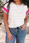 Stripe Color Block Trim Round Neck Top