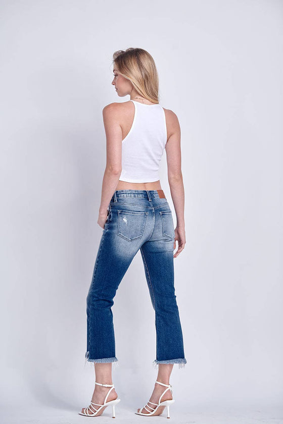 HIGH RISE STRETCH  CROP FLARE WITH FRAYED HEM JEANS