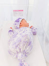 SoftSnooze™ Baby Girls Bamboo Viscose Wisteria Purple Butterfly Garden Toile Ruffle Knotted Sleep Gown & Bow Hat Set