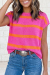 Brown Striped Short Sleeve Knit Western Sweater