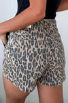 Leopard Lace-up Elastic Waistband Mid Rise Denim Shorts