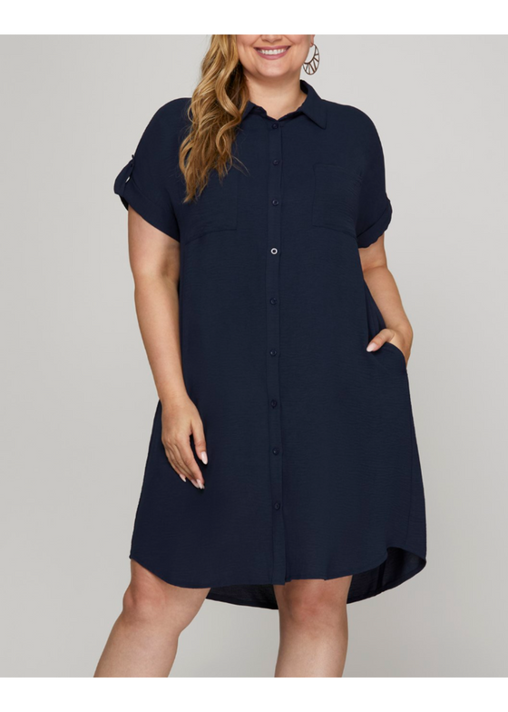 Drop Shoulder Button Up Woven Shirt Dress