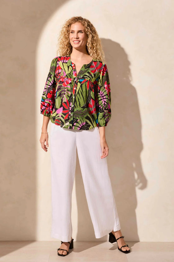 3/4 Sleeve Button-Front Blouse w/Horizontal Tuck Detail