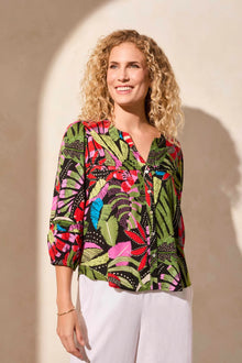  3/4 Sleeve Button-Front Blouse w/Horizontal Tuck Detail
