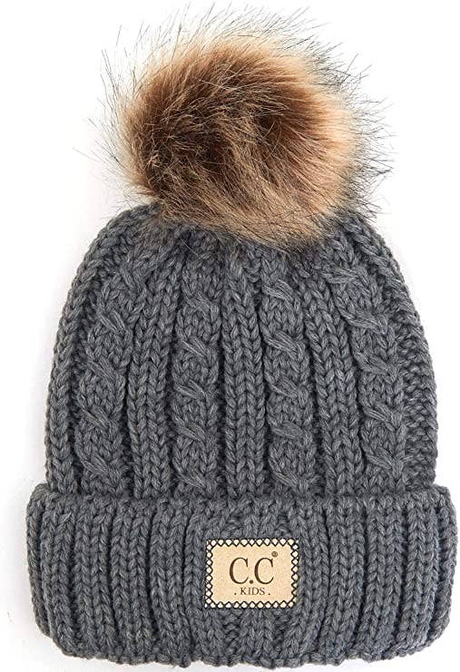 Kids Faux Fur Single Pom Beanie (Heather Grey)