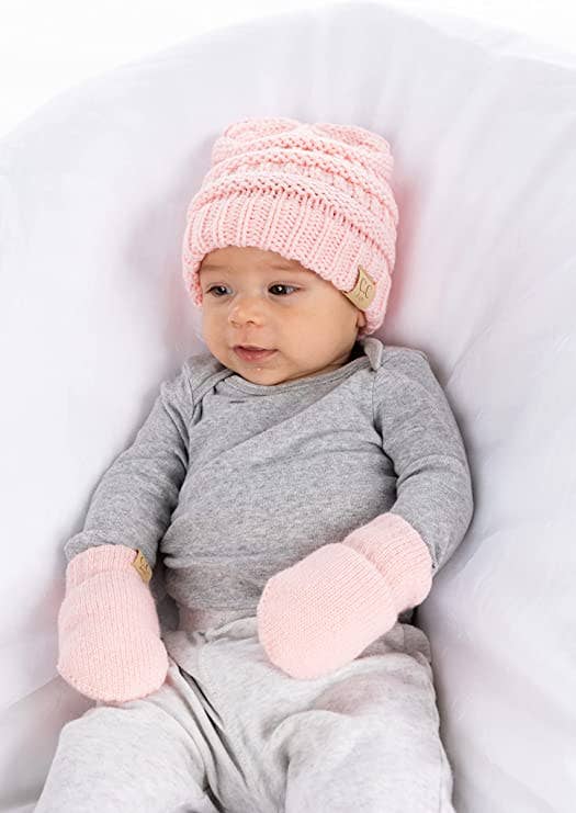 Infant Beanie and Mittens Set - Pale Pink