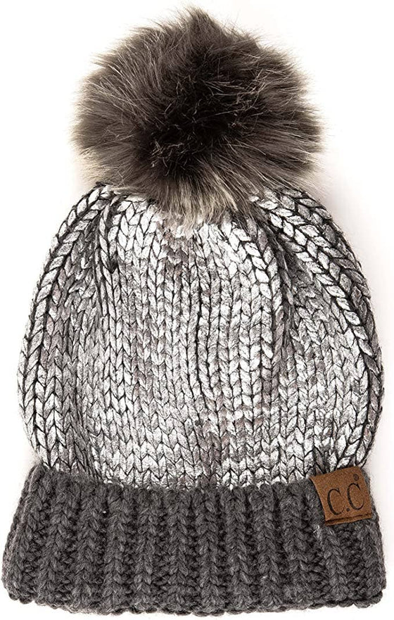 Metallic Foil Knit Cuff Faux Fur Pom Beanie - Silver