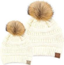  Matching Adult/Baby Faux Fur Double Pom Beanie (Ivory)
