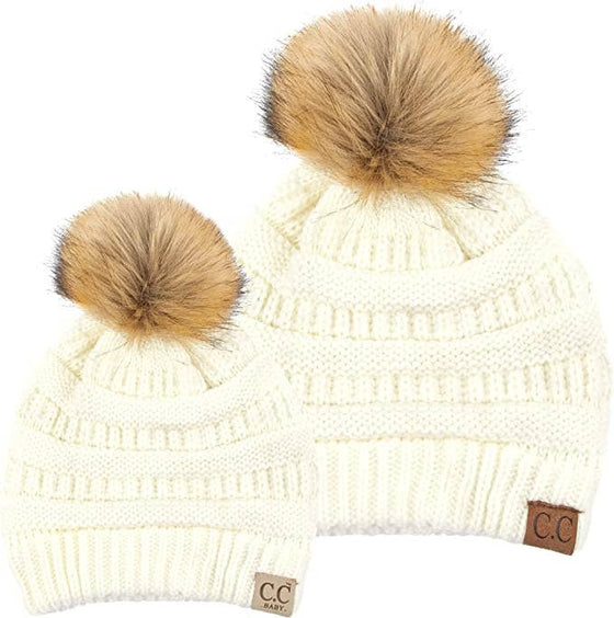 Matching Adult/Baby Faux Fur Double Pom Beanie (Ivory)