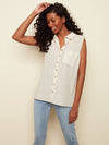 Sleeveless Linen Blend Blouse with Embroidery and Beading