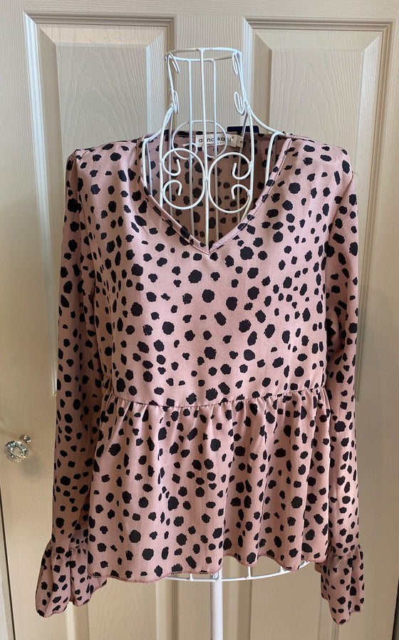 Cheetah Print Soft Peplum Blouse - Mauve/Pink