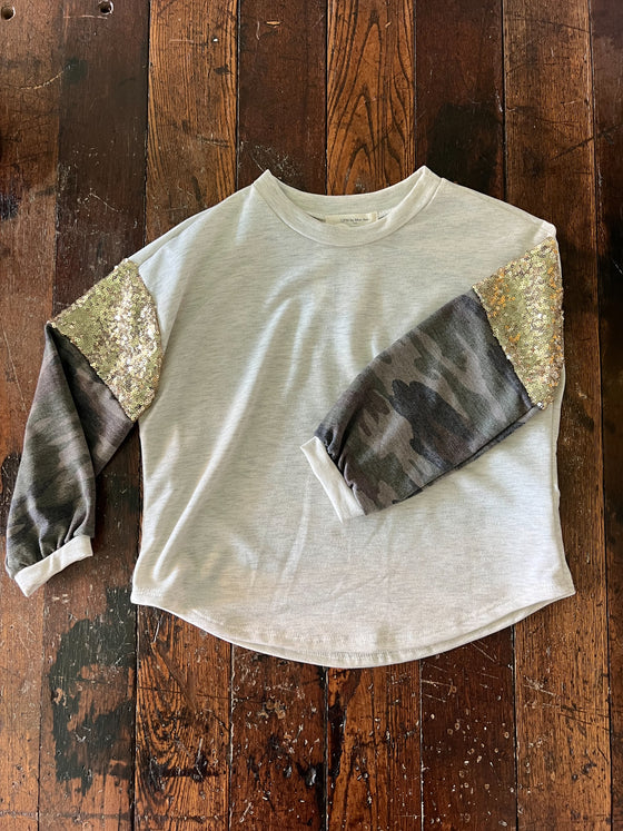 Camo & Sequin Long Sleeve Top - Girls