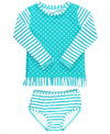 RuffleButts Aqua Striped Polka Dot Rash Guard Bikini