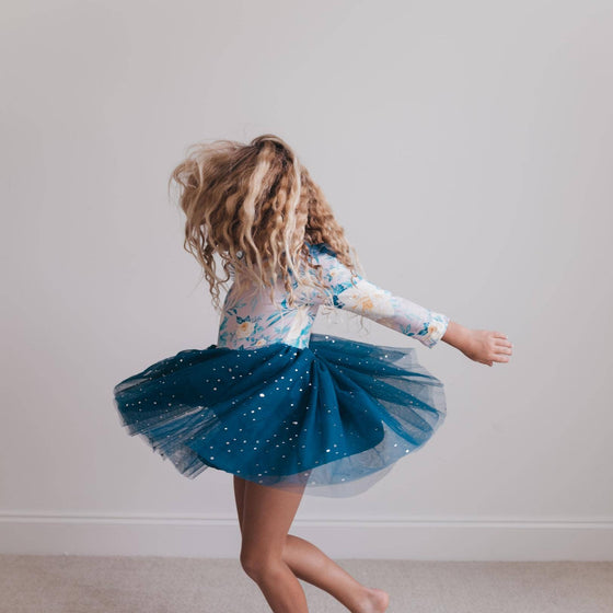 Kids Teal Blue Floral Print Sparkle Tulle Dress