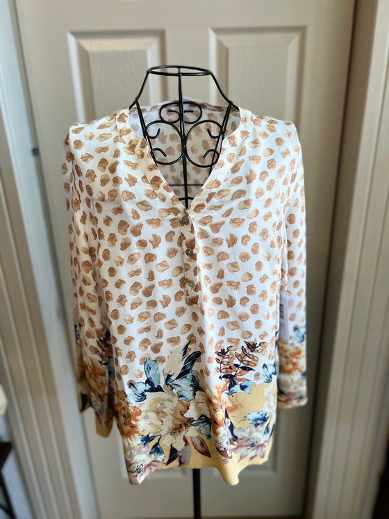Floral & Spotted Roll-Up Sleeve Blouse