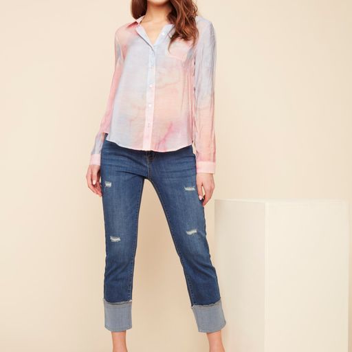 Long Sleeve Button-Up Tie-Dye Blouse