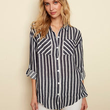  High-Low Striped Button Front Rolled-Sleeve Blouse