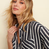 High-Low Striped Button Front Rolled-Sleeve Blouse