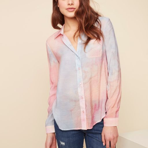 Long Sleeve Button-Up Tie-Dye Blouse